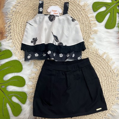 Conj Blusa Floral e Shorts saia Preto 